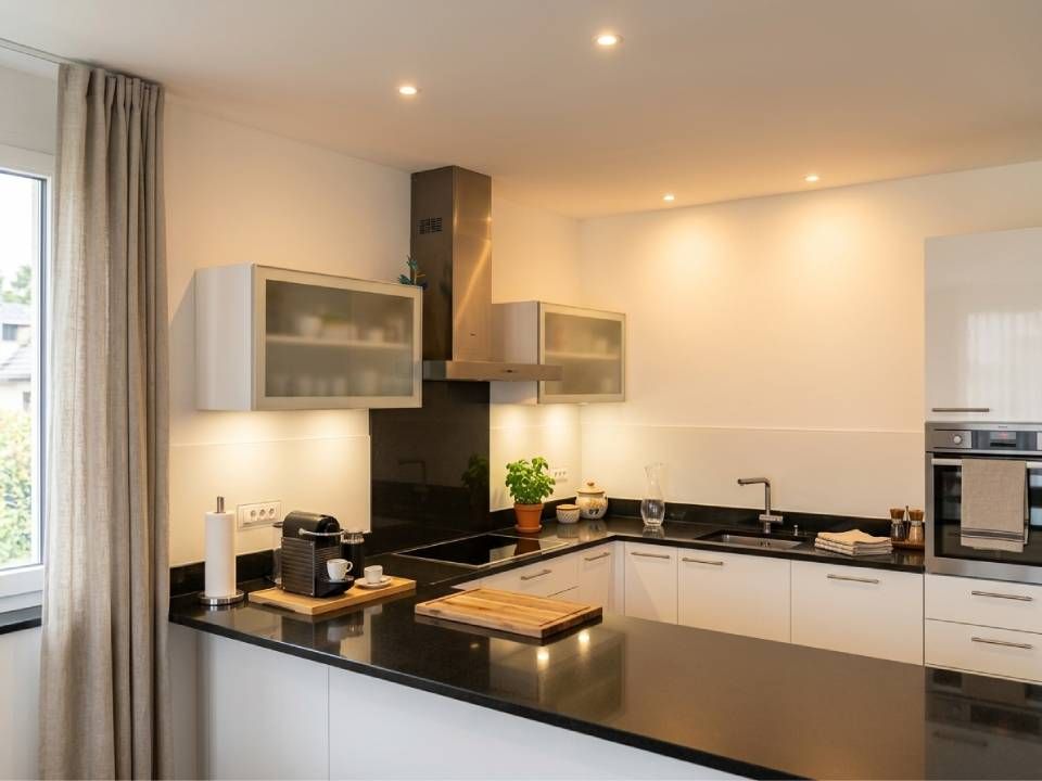 Cucina moderna con ripiani neri, mobili bianchi, elettrodomestici in acciaio inossidabile e ampia finestra.
