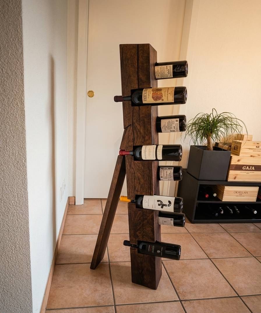 Una rastrelliera in legno per vini, appoggiata a una parete, in una stanza interna piastrellata, che contiene diverse bottiglie.