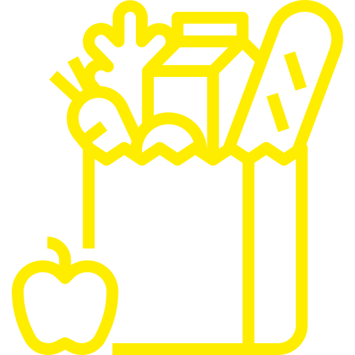 Ein gelbes Symbol einer Tüte voller Lebensmittel und einem Apfel.