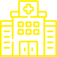 Ein gelbes Symbol eines Krankenhausgebäudes mit einem Kreuz darauf.