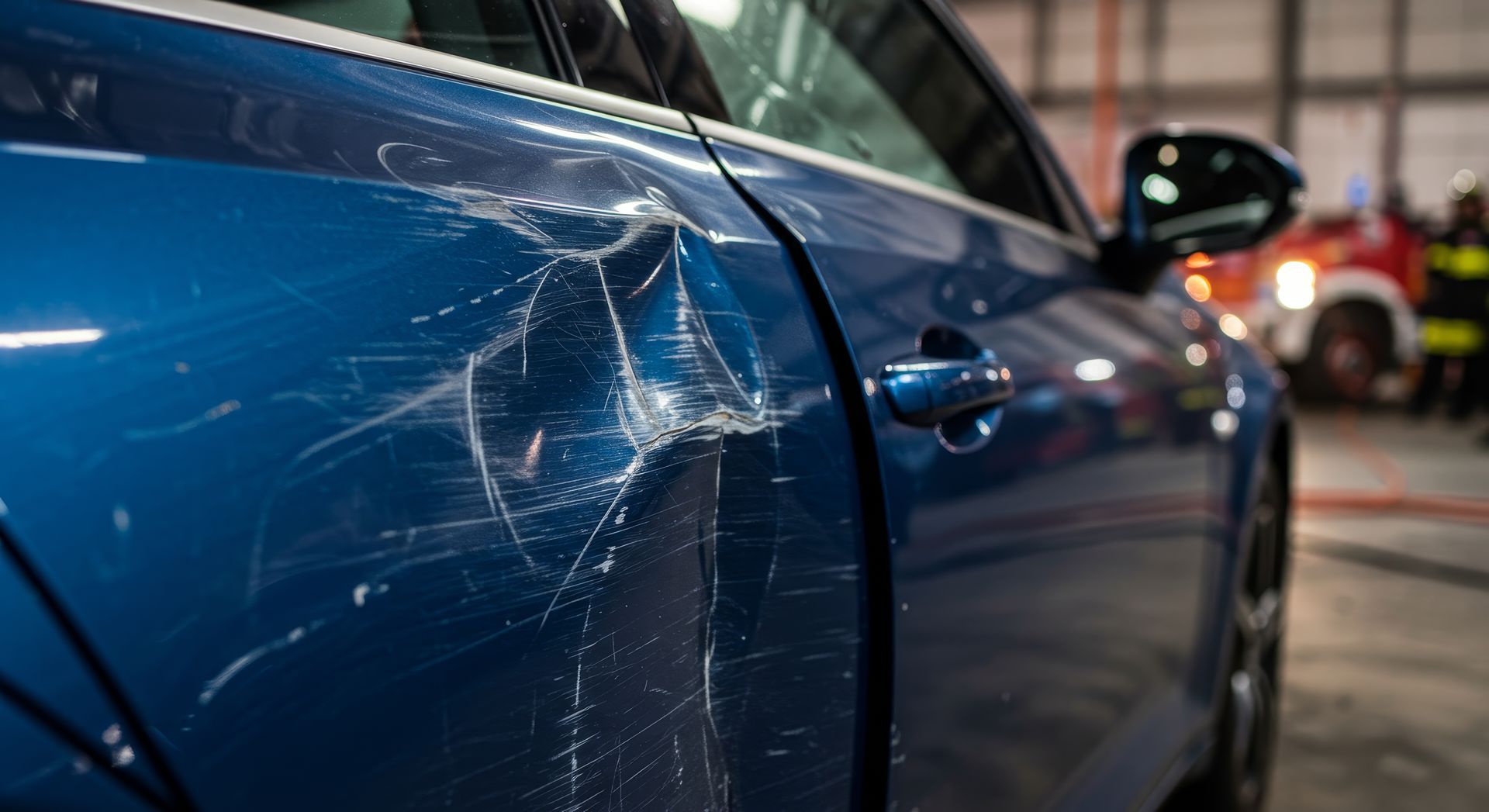 Portière de voiture bleue fortement endommagée, rayée et présentant un gros enfoncement.