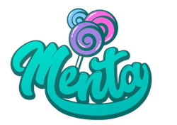 Logotipo de Mentoy, con escritura turquesa y tres espirales de piruleta en la parte superior.