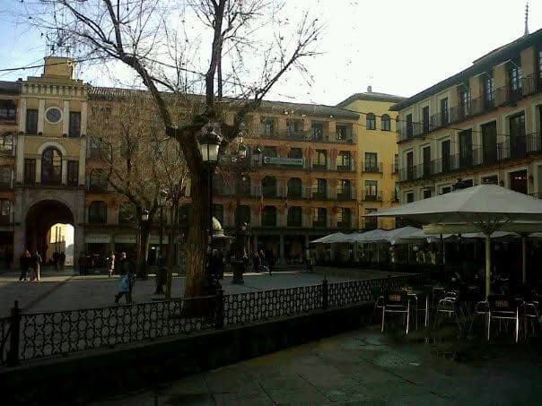 Plaza con edificios, árboles y terrazas con sombrillas. La luz del sol ilumina la escena.