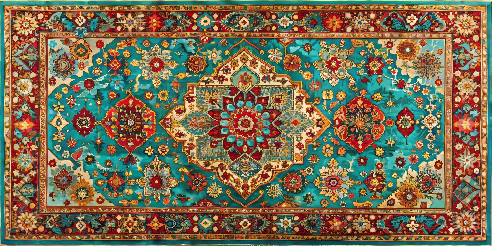 Un tapis turquoise orné d'un médaillon central et de motifs floraux détaillés dans les tons rouges, or et crème.