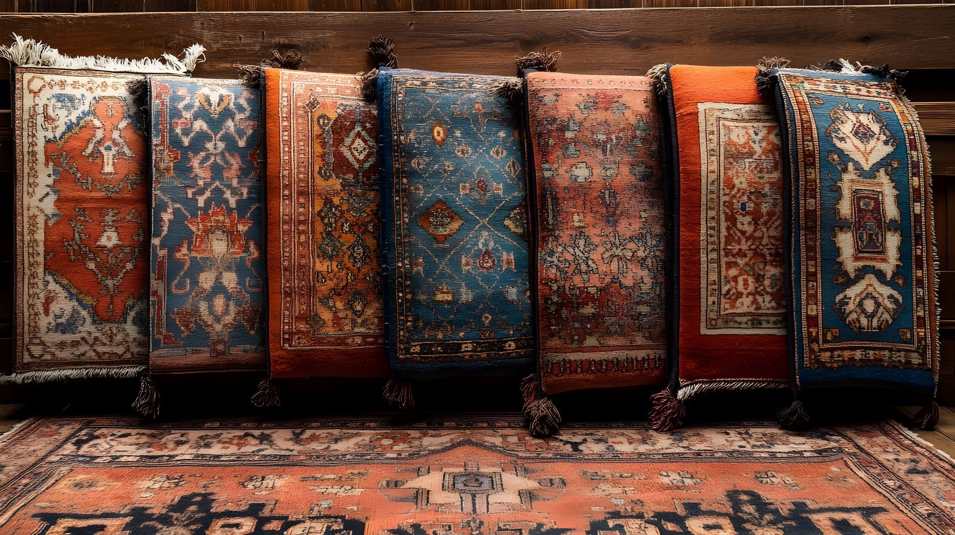 Sept tapis rectangulaires à motifs de couleurs variées sont posés sur un tapis plus grand, appuyé contre une surface en bois.