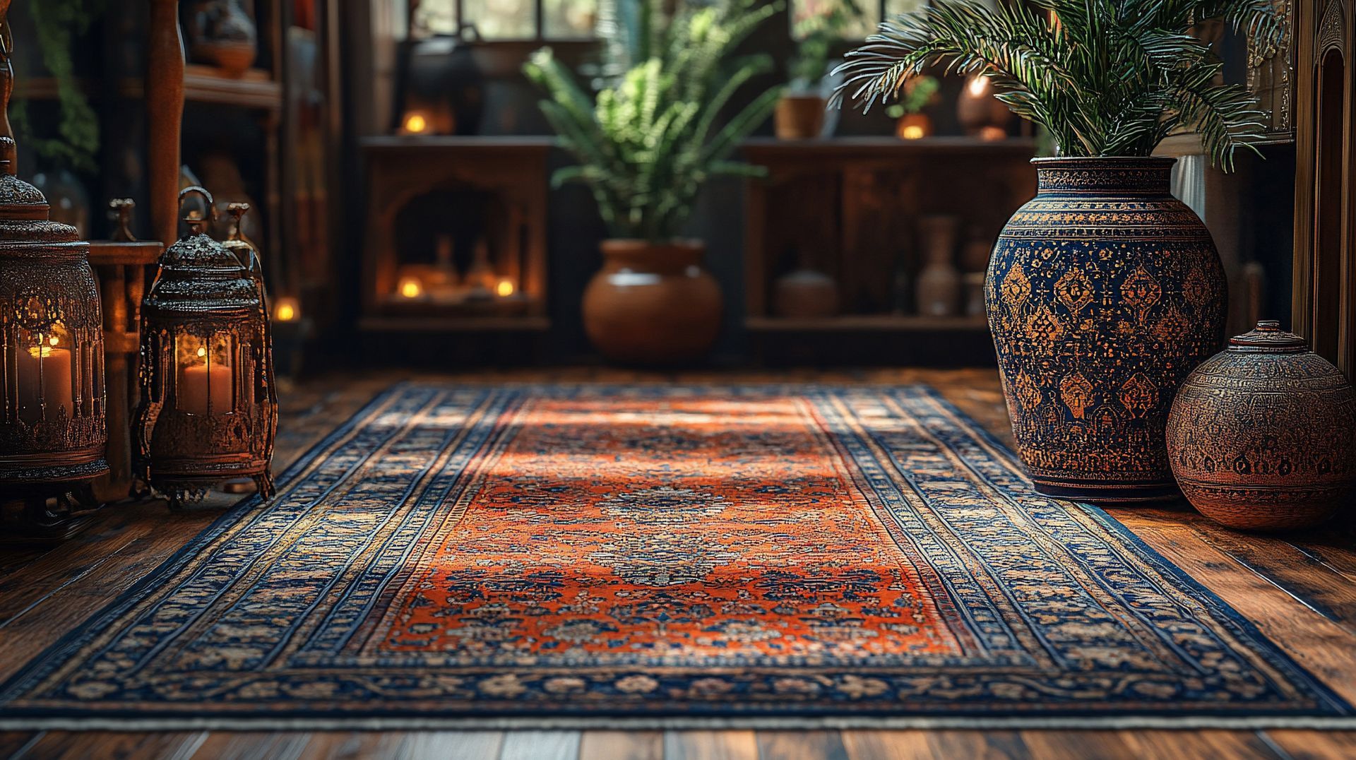Tapis orné sur un parquet dans une pièce faiblement éclairée avec des lanternes, des plantes et des poteries décoratives.