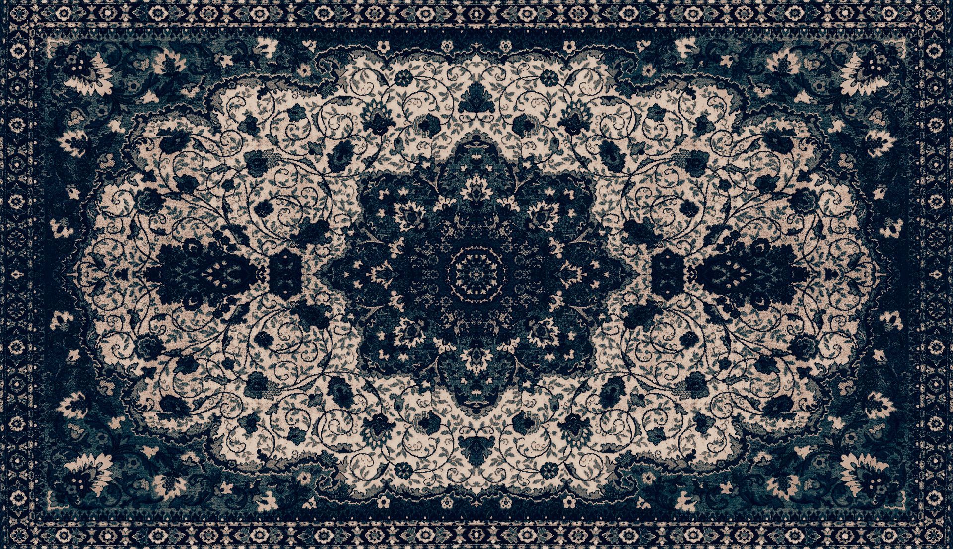 Tapis oriental à motifs bleu foncé et beige, orné d'un dessin floral symétrique.