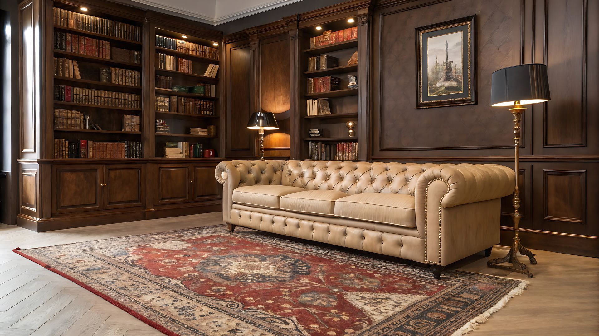 Bibliothèque avec boiseries sombres, un canapé en cuir capitonné et des étagères remplies de livres.