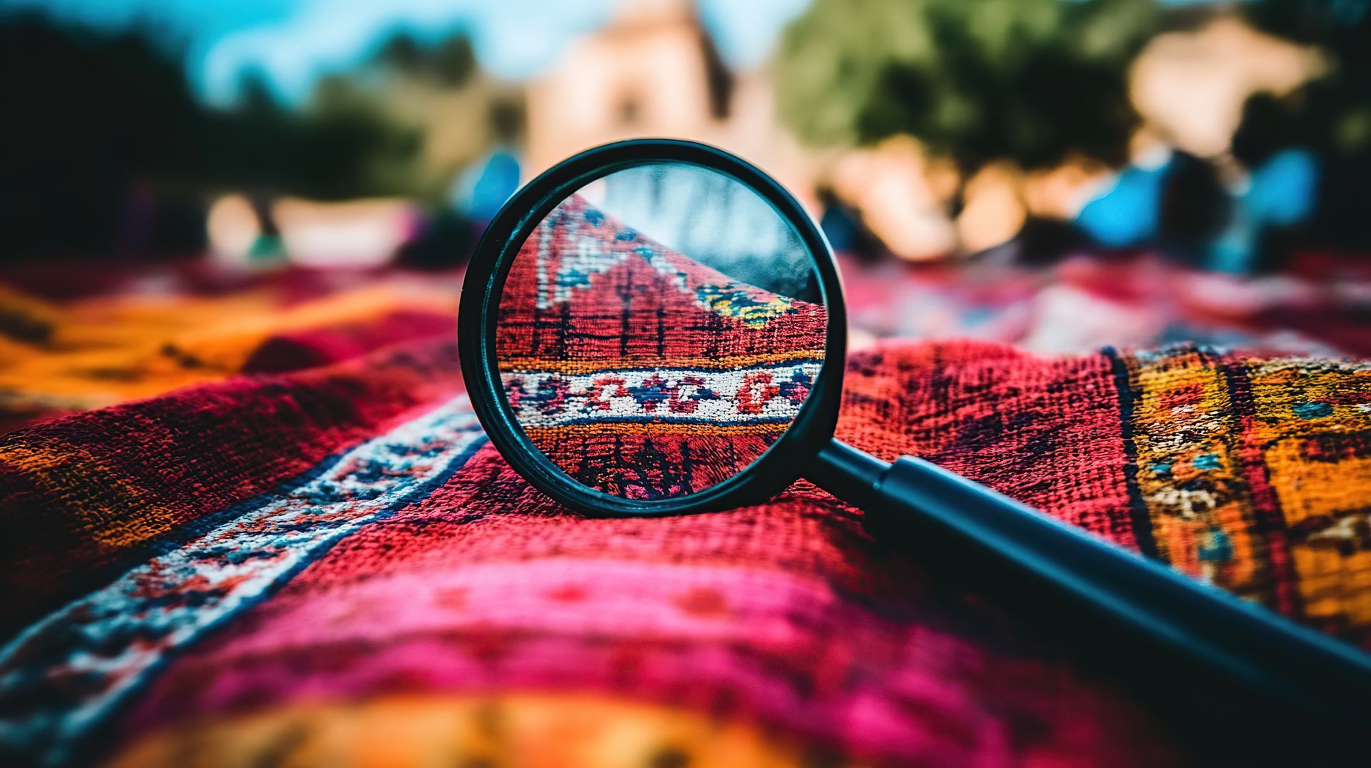 Une loupe focalisée sur un détail d'un tapis rouge à motifs, à l'extérieur.