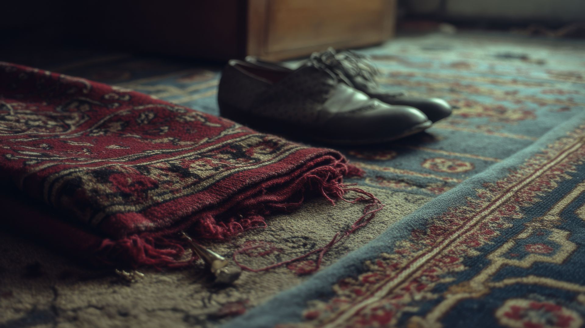 Tapis rouge à motifs plié et chaussures marron sur un tapis bleu à motifs usé.