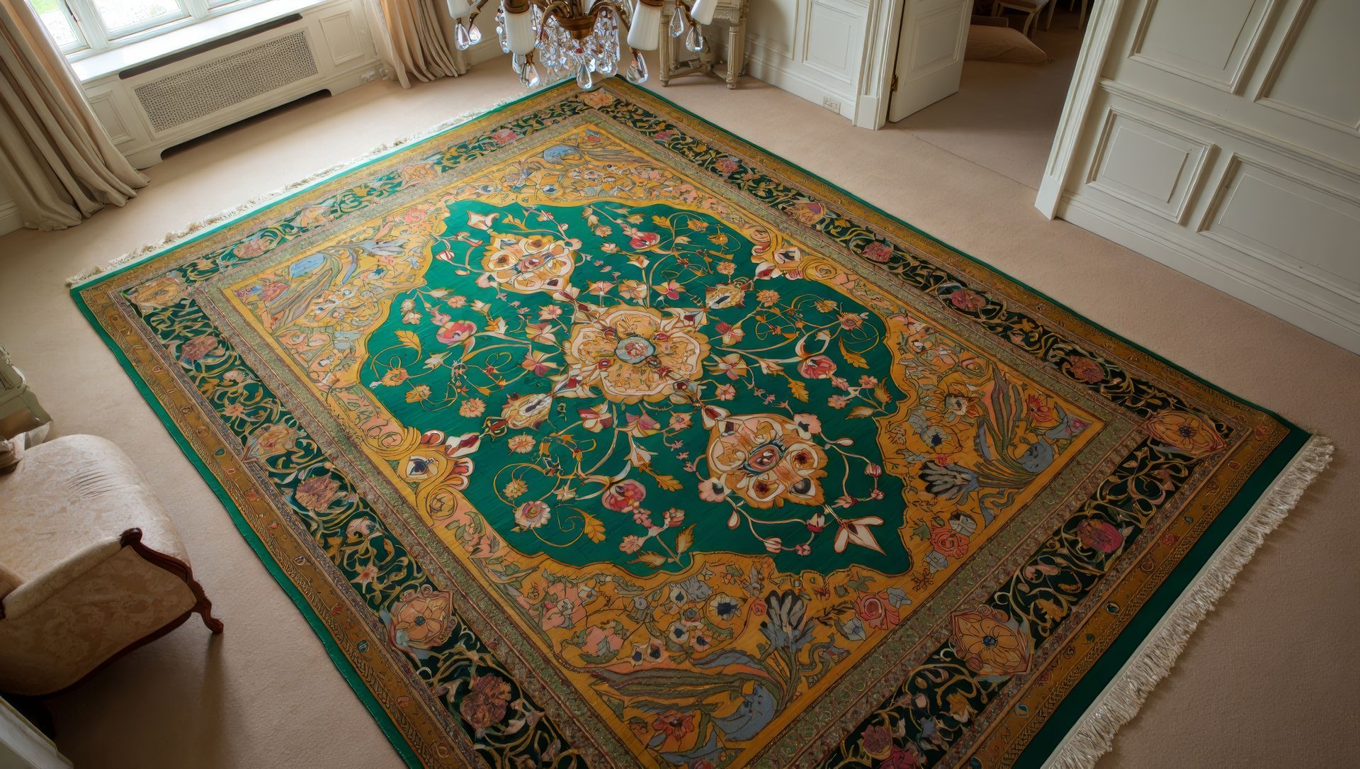 Tapis persan vert et or sur un sol beige dans une pièce aux murs blancs et avec une fenêtre.