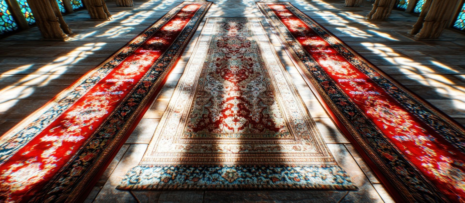 De longs tapis rouges recouvrent un parquet dans un hall baigné de soleil.