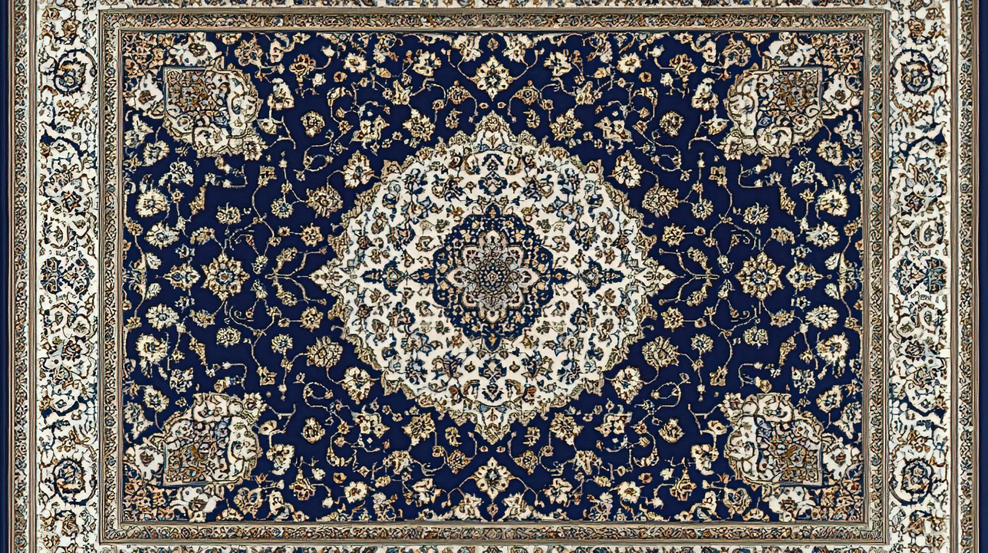 Tapis persan orné de motifs floraux et de médaillons, bleu et ivoire.