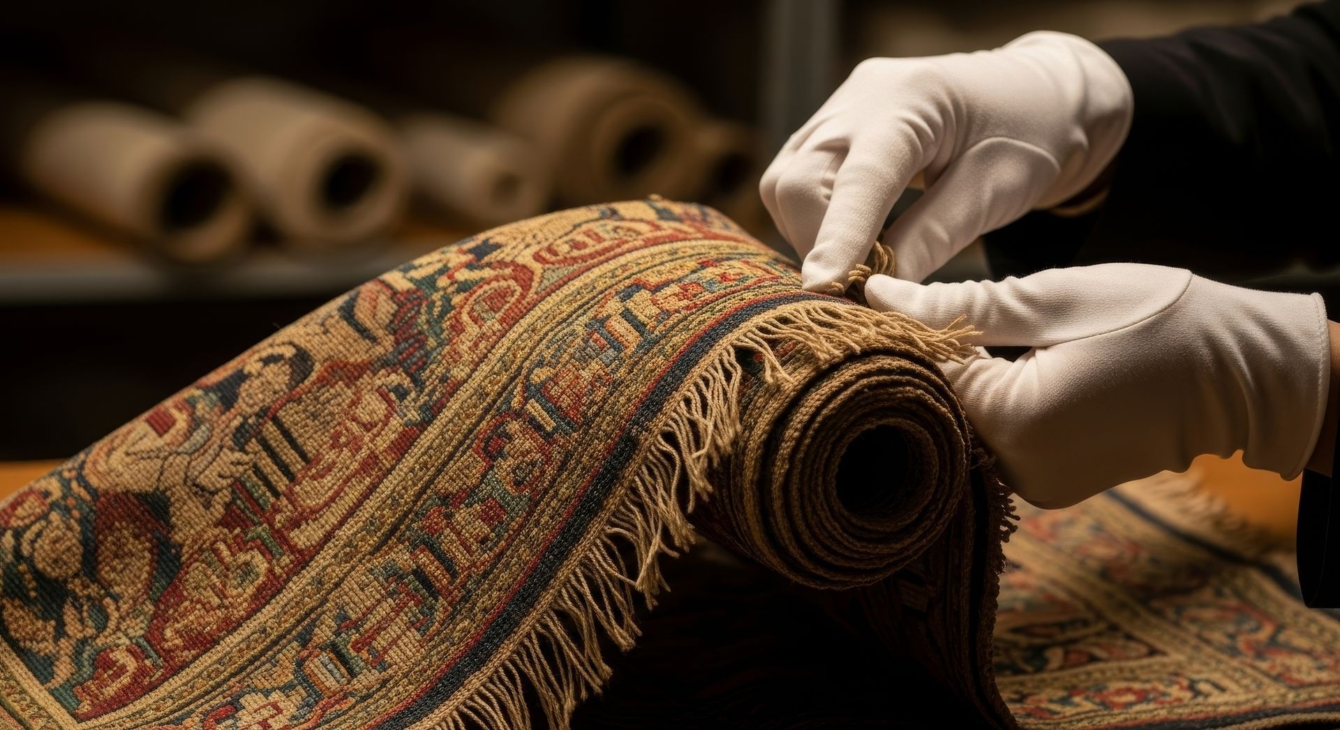 Des mains gantées examinent un tapis orné enroulé. En arrière-plan : des étagères remplies de textiles enroulés.