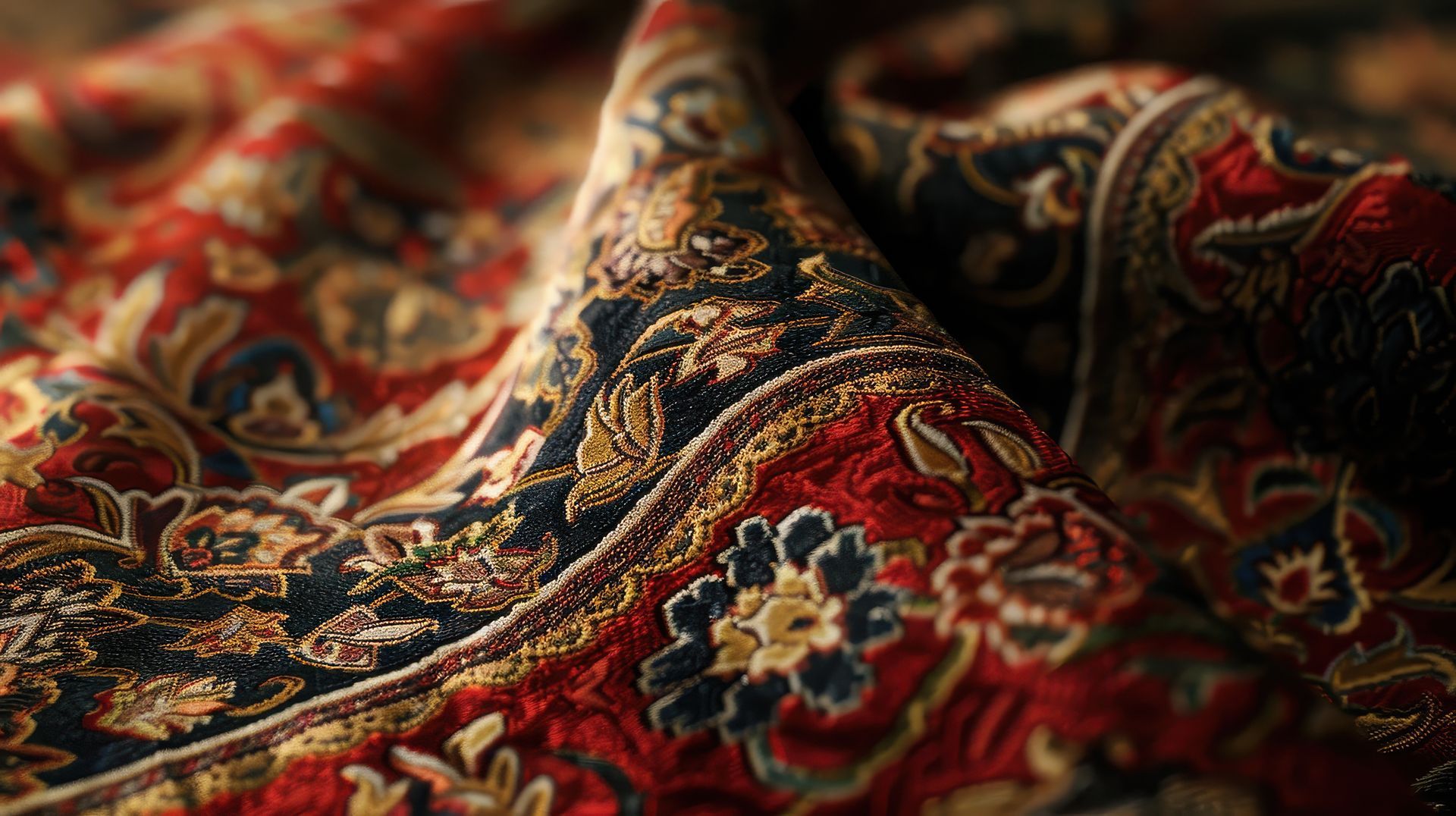 Gros plan sur un tissu orné et détaillé, présentant des motifs floraux et cachemire dans des tons rouges, noirs et dorés.