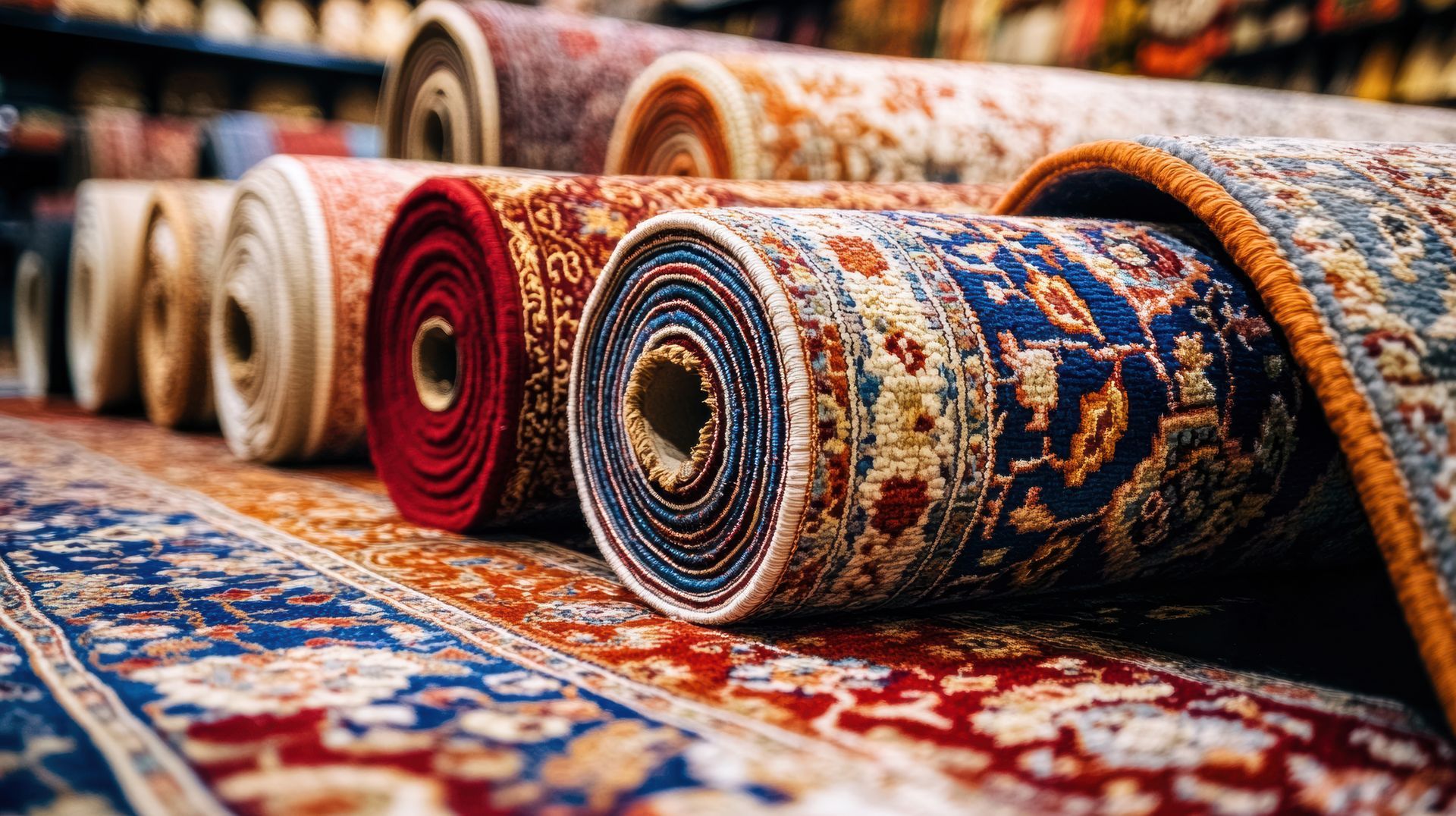 Des tapis roulés de couleurs et de motifs variés, exposés dans un magasin.