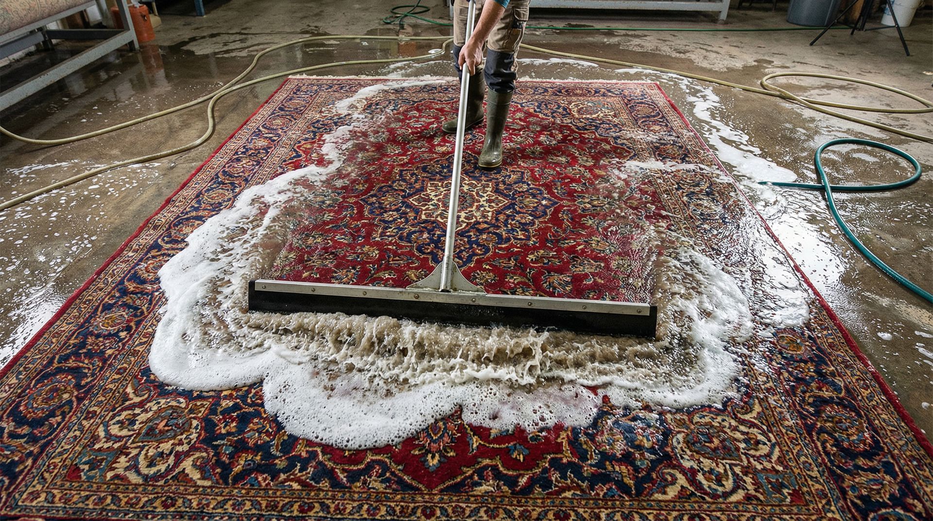 Une personne nettoie un grand tapis à motifs avec du savon et une raclette dans un atelier.