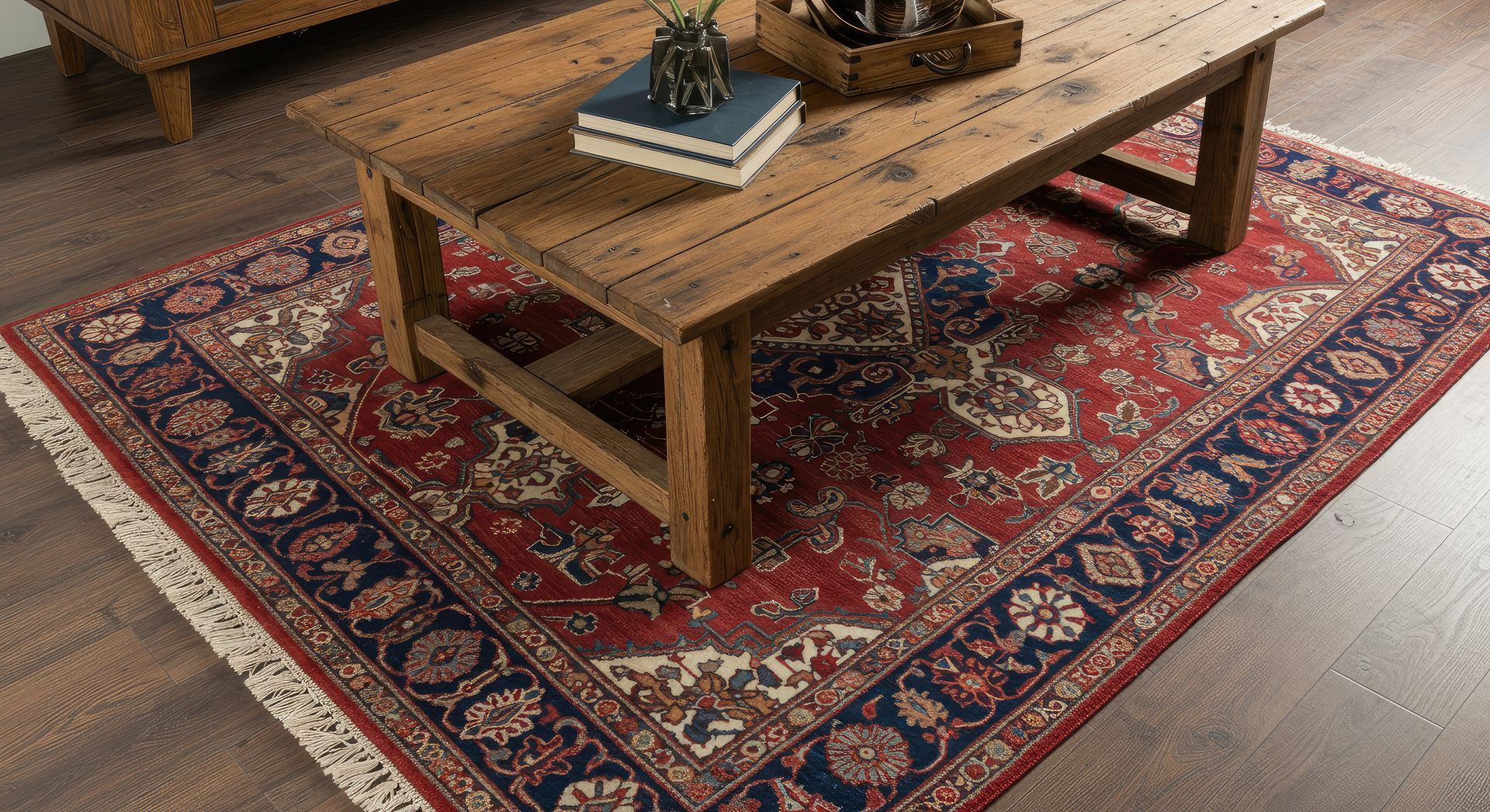 Table basse en bois sur un tapis à motifs rouges et bleus.