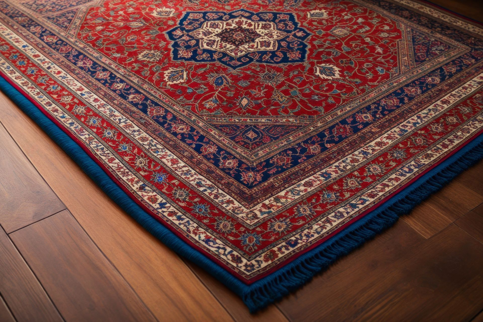 Tapis oriental à motifs rouges et bleus sur parquet, coin visible.