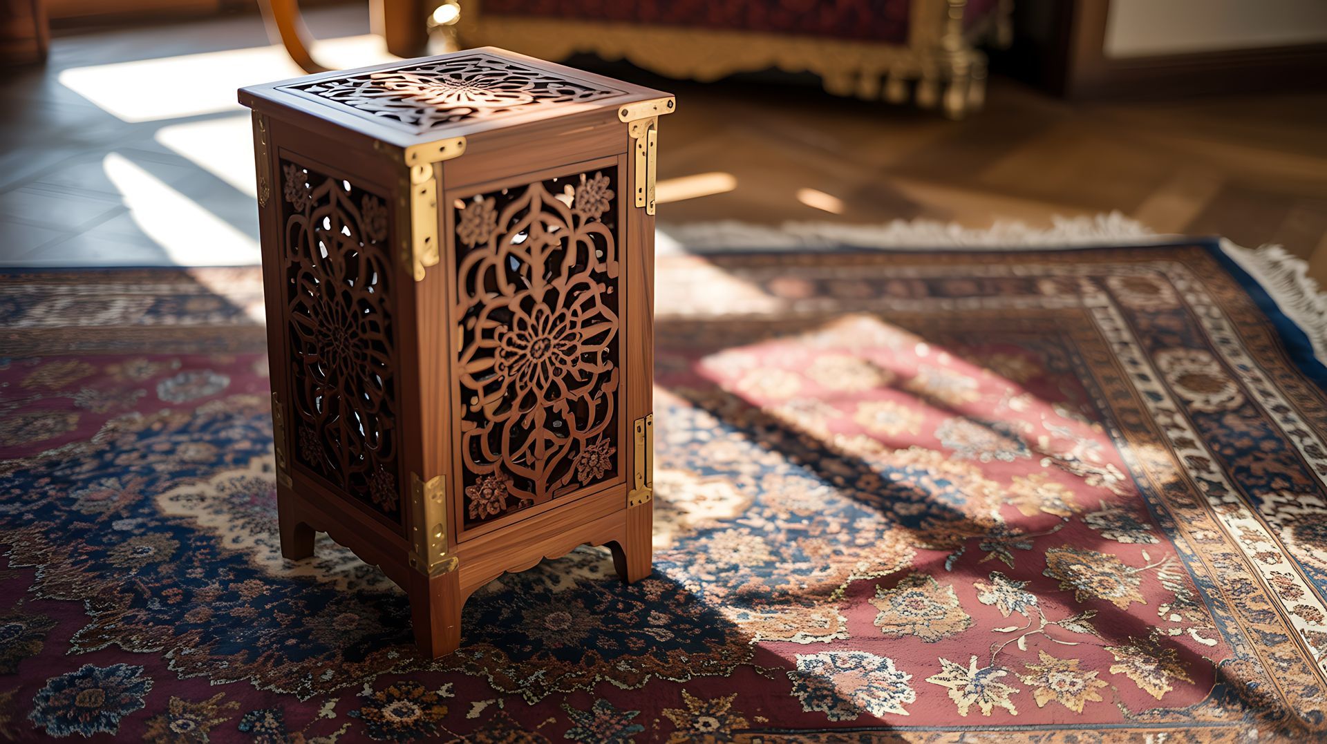 Table d'appoint en bois sculpté aux détails complexes, posée sur un tapis à motifs.