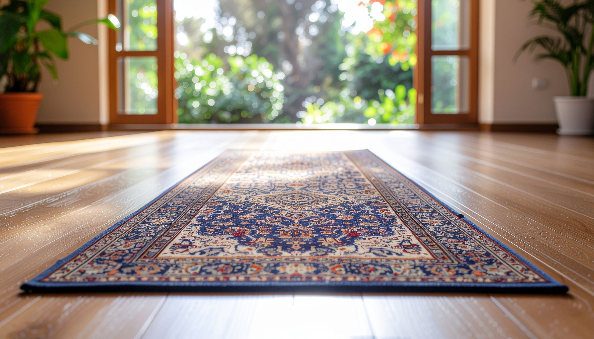Un tapis bleu à motifs recouvre un parquet, donnant sur des portes ouvertes et un jardin ensoleillé.