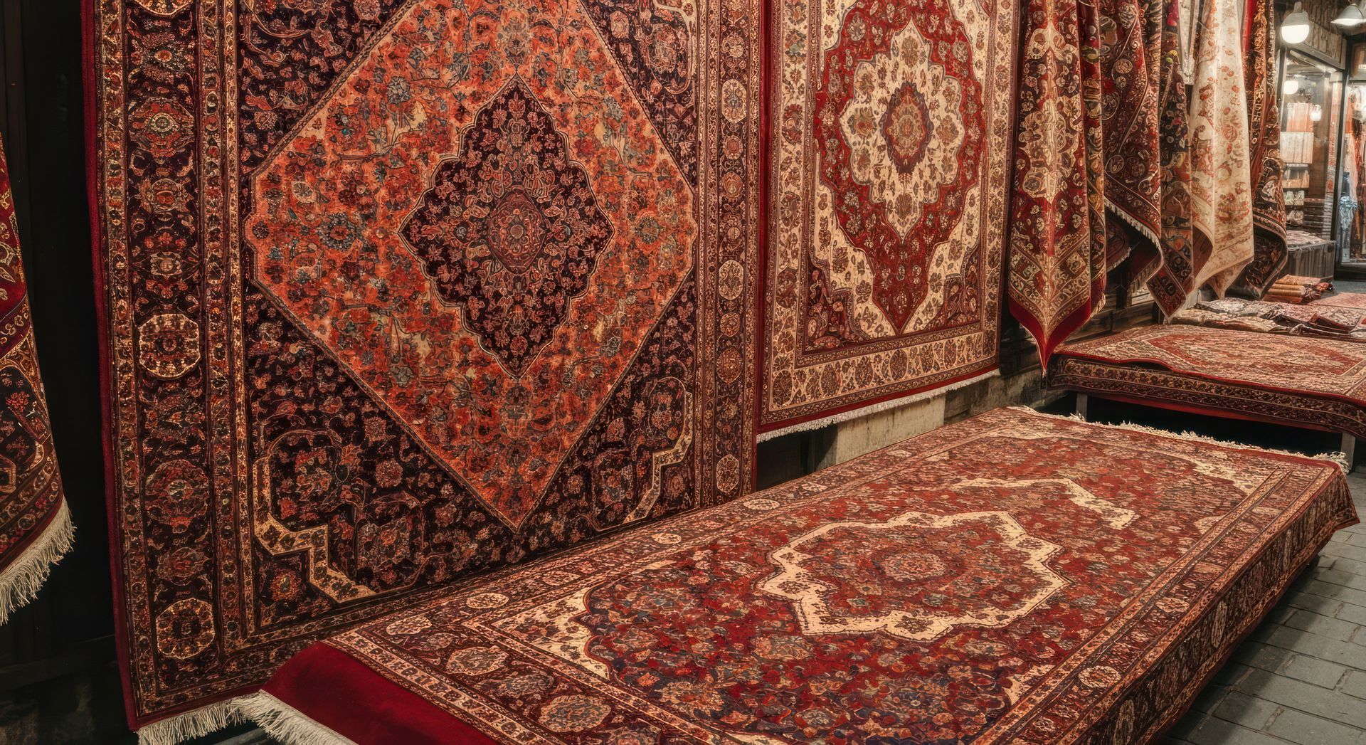 Des tapis persans de tailles et de motifs ornementaux variés, principalement rouges et bruns, sont exposés dans un magasin.