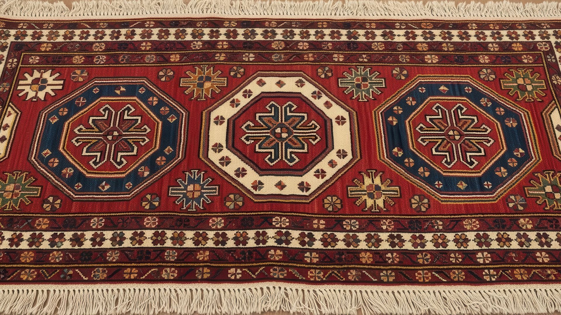 Tapis à motifs rouges et bleus, orné de formes octogonales et de franges.