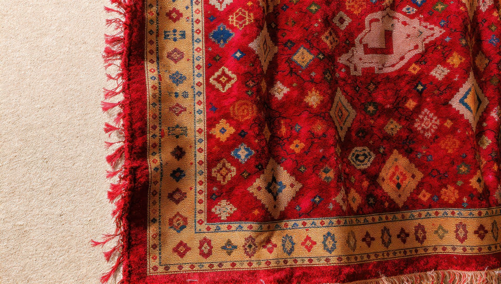 Gros plan sur un tapis rouge à motifs avec une bordure et des franges beiges, posé sur une moquette claire.