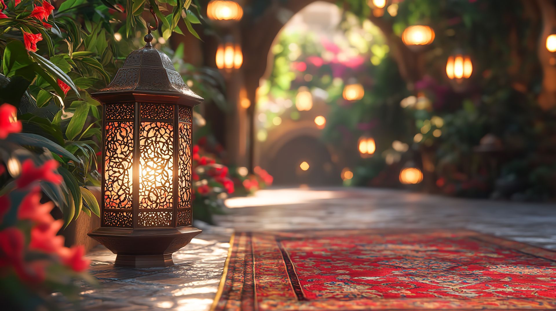 Une lanterne aux motifs complexes brille sur un chemin bordé de fleurs, menant à une arche illuminée par des guirlandes lumineuses.