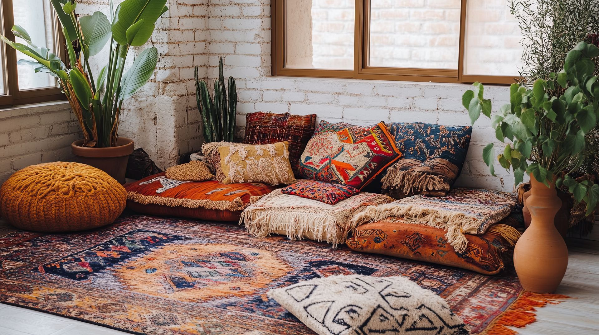 Coin salon bohème et cossu avec coussins, tapis, plantes et lumière naturelle.