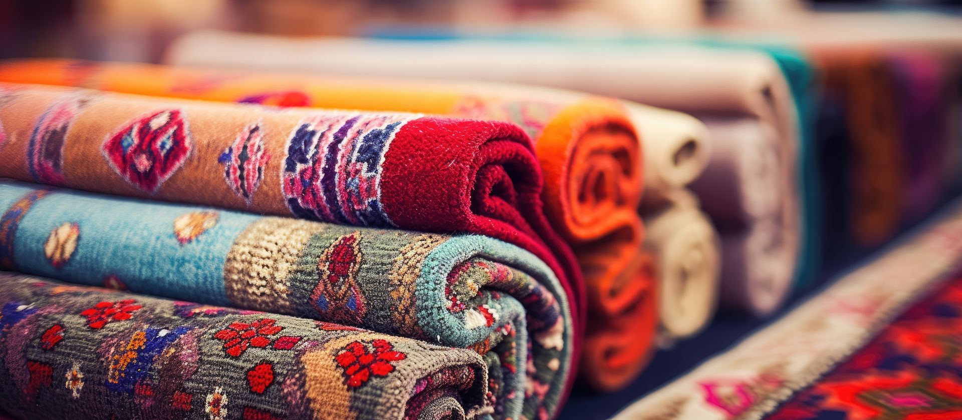 Des tapis roulés et colorés à motifs, empilés les uns sur les autres.