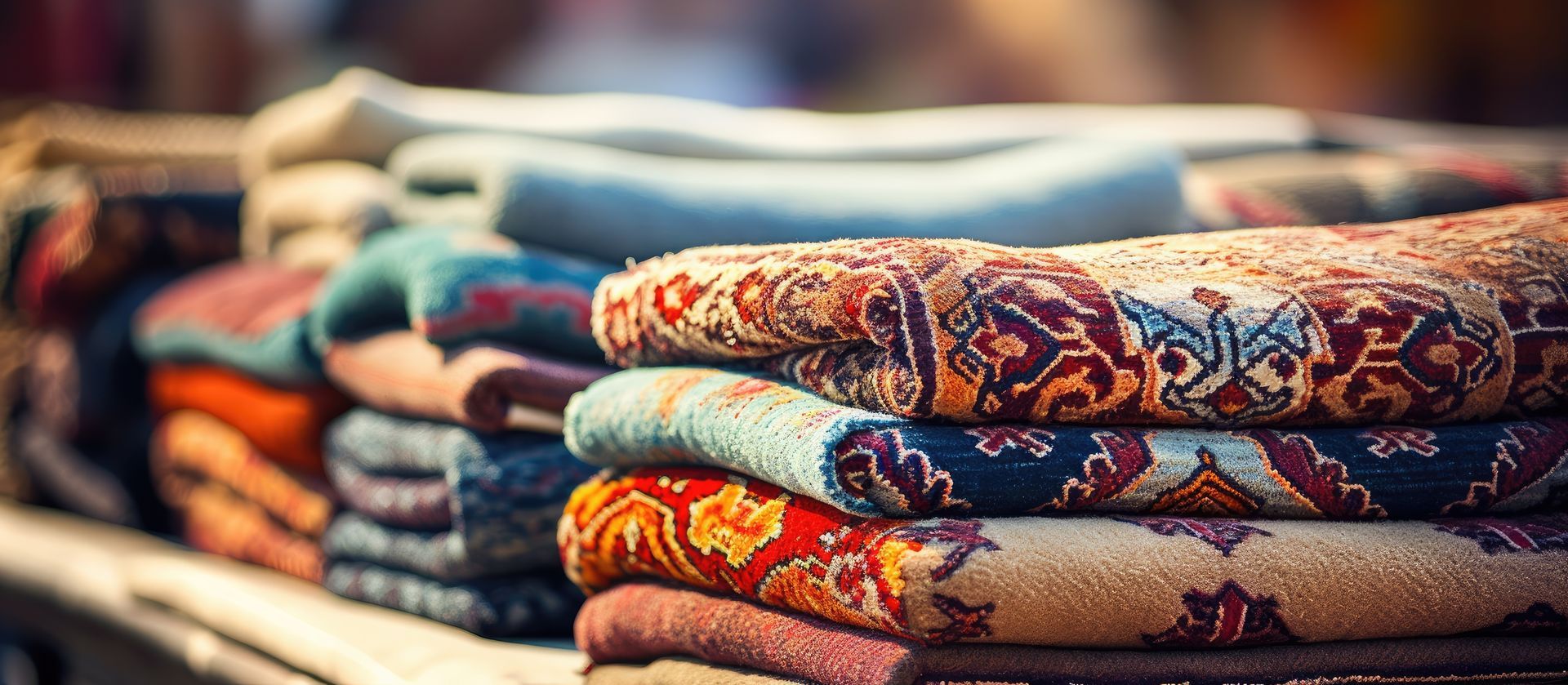 Des piles de tapis à motifs colorés dans un magasin.