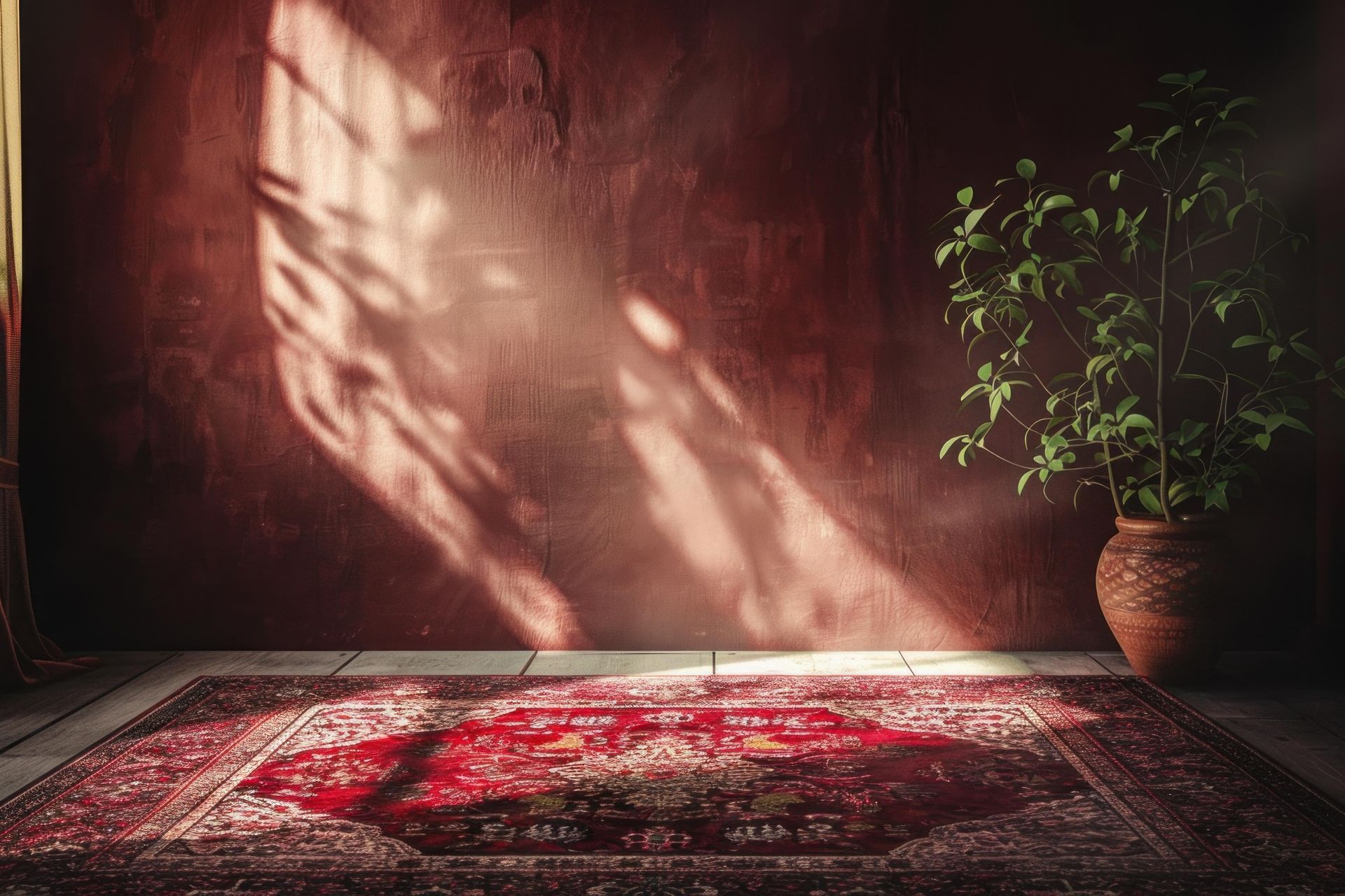Tapis rouge dans une pièce avec un mur en terre cuite et une plante en pot. La lumière du soleil inonde la scène.