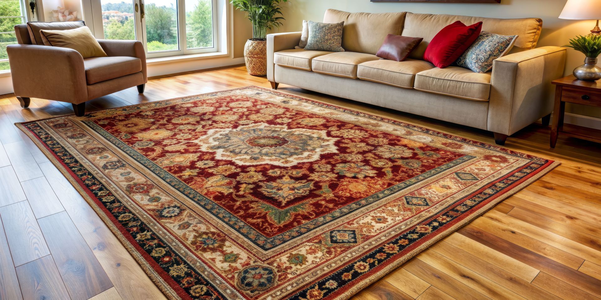 Salon avec un tapis rouge à motifs, un canapé et un fauteuil beige, et un parquet.