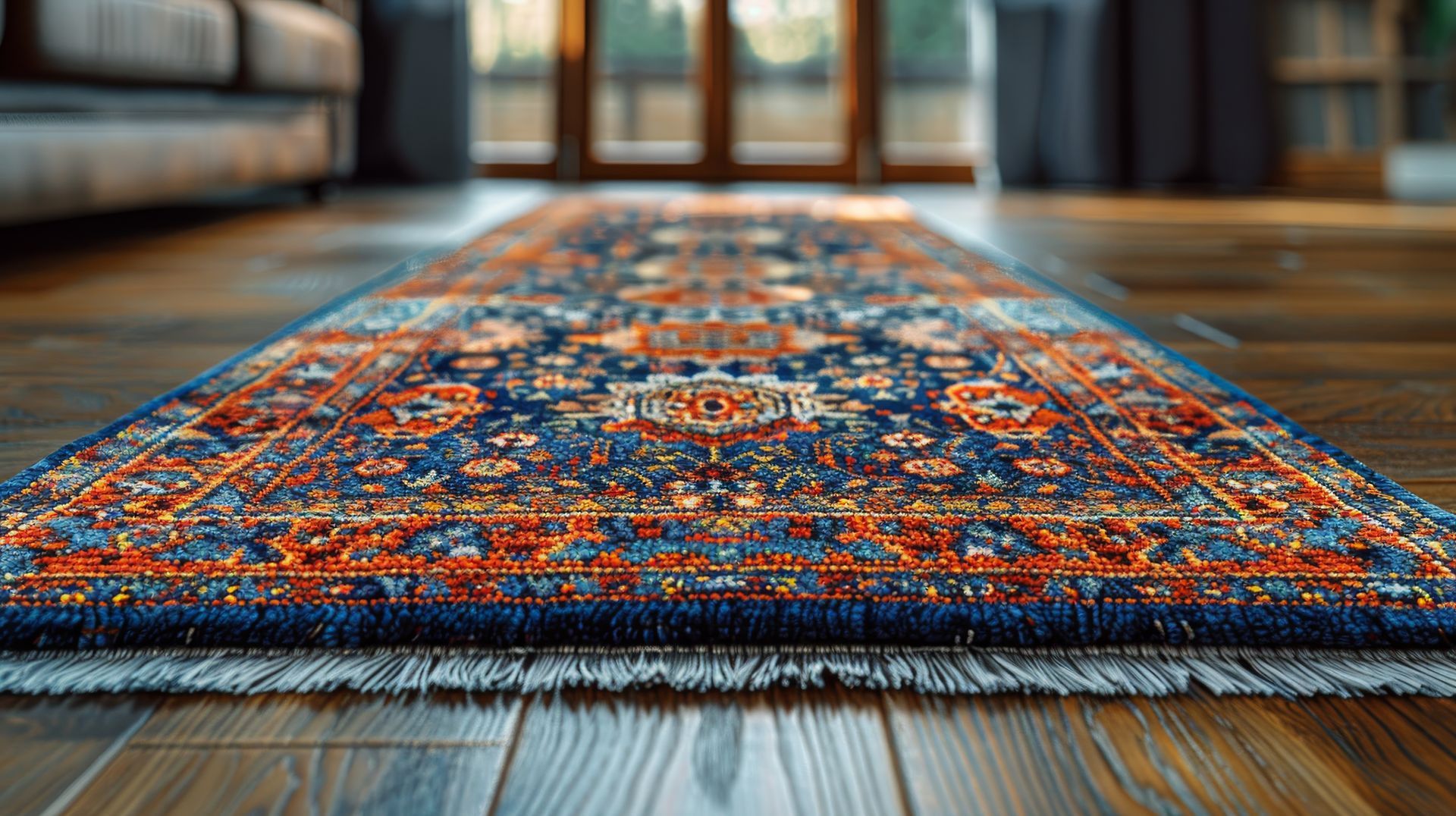Un tapis à motifs bleus et oranges recouvre un parquet, menant à une porte baignée de soleil.