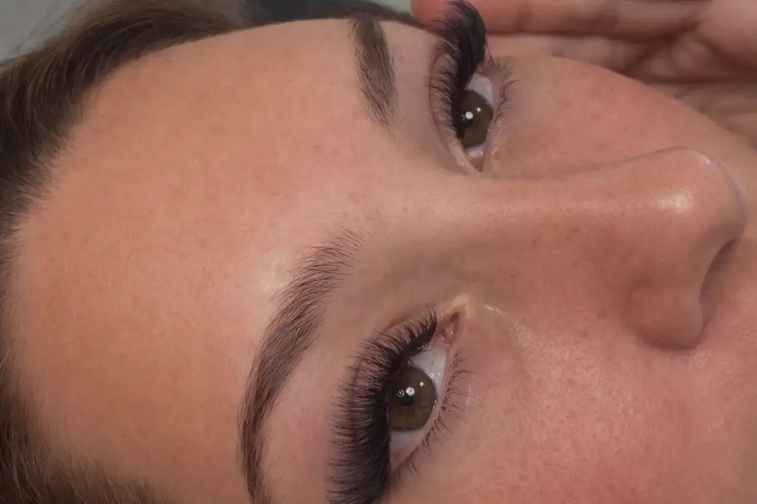 Primer plano del rostro de una persona; ojos marrones, pestañas y cejas oscuras, piel clara.