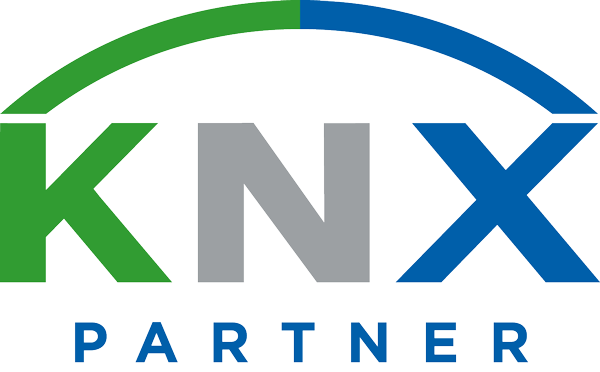 Logo für KNX Partner: grün-blaues Bogendesign über grauem „KNX“ und blauem „PARTNER“.