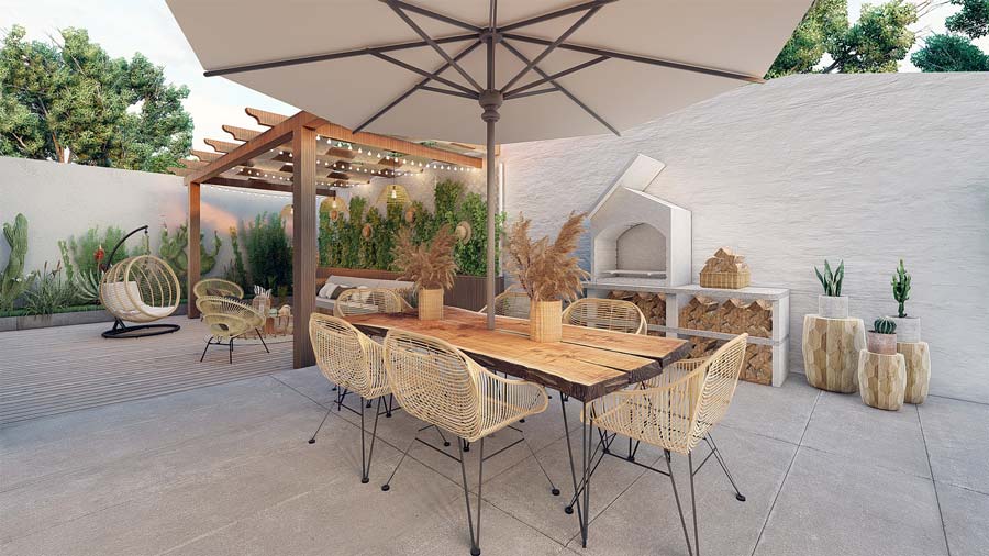 Terrasse en dalles de pierre avec une pergola en bois et une table