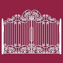 Puerta ornamentada de hierro forjado blanco con motivos de volutas en espiral sobre fondo granate.