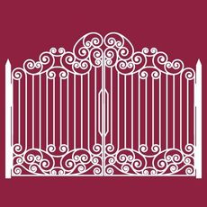 Puerta ornamentada de hierro forjado blanco con motivos de volutas en espiral sobre fondo granate.