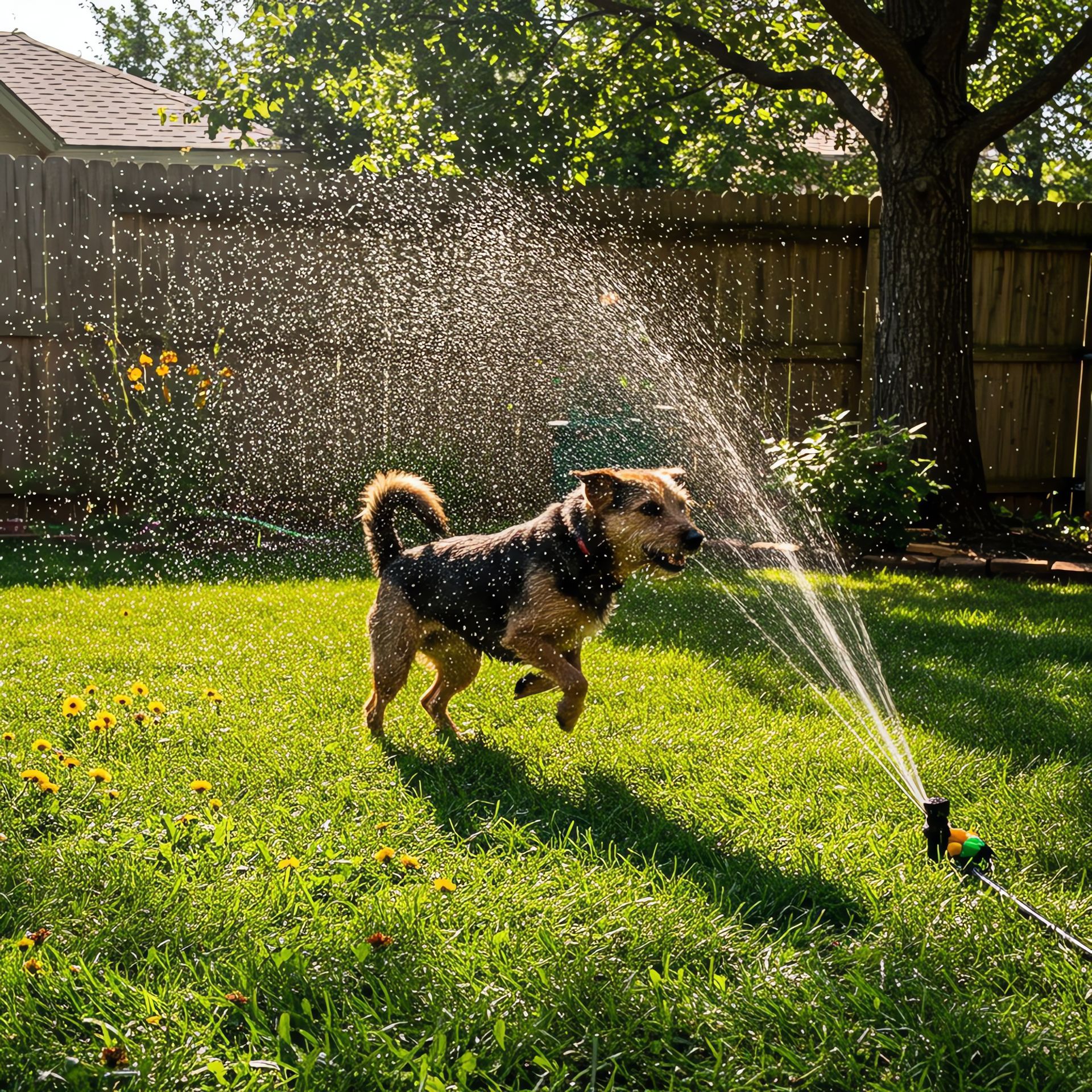 Chien courant sous un arroseur automatique sur une pelouse verte.
