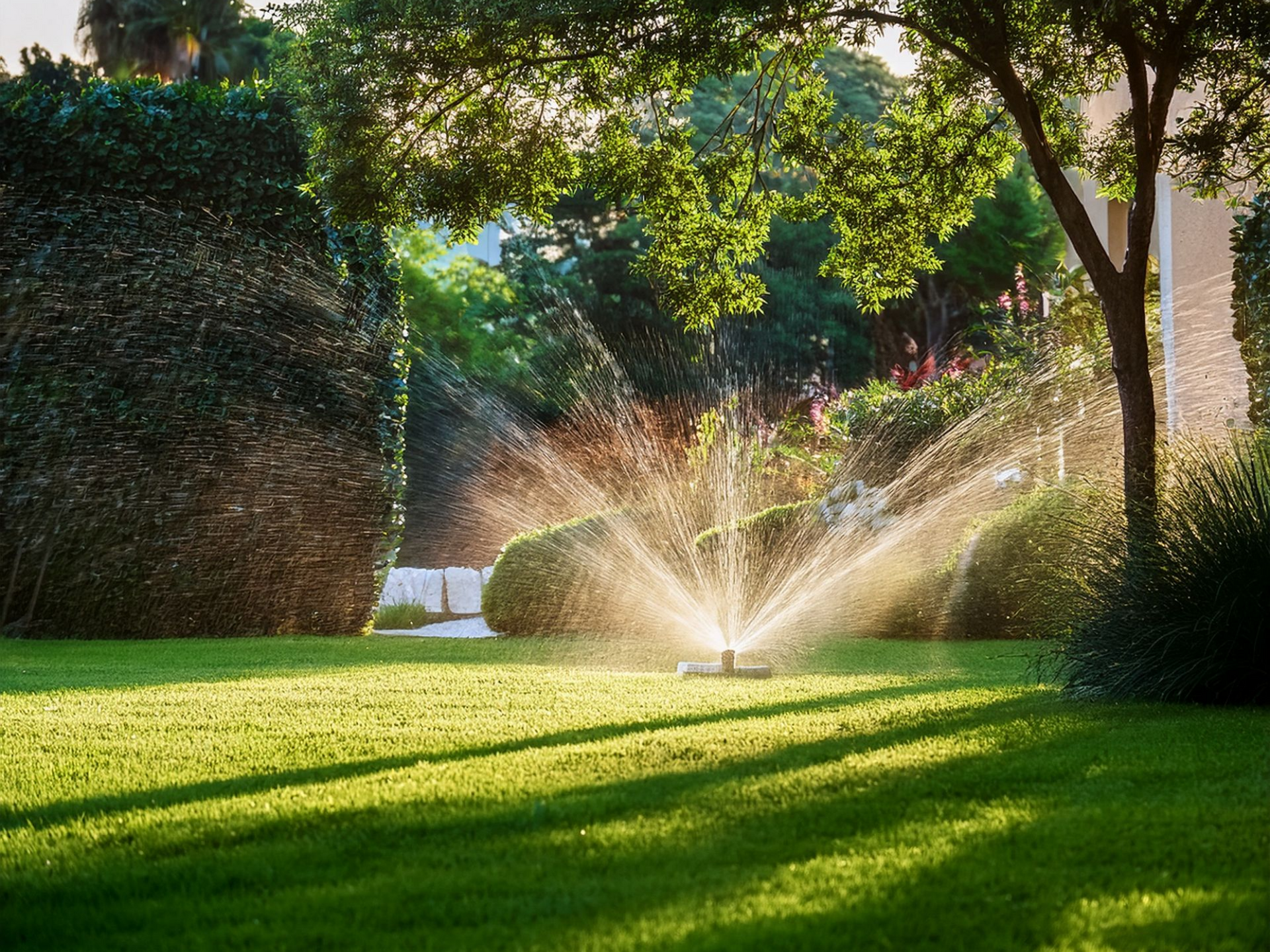 Arroseur de pelouse projetant de l'eau sur l'herbe verte d'un jardin ensoleillé.