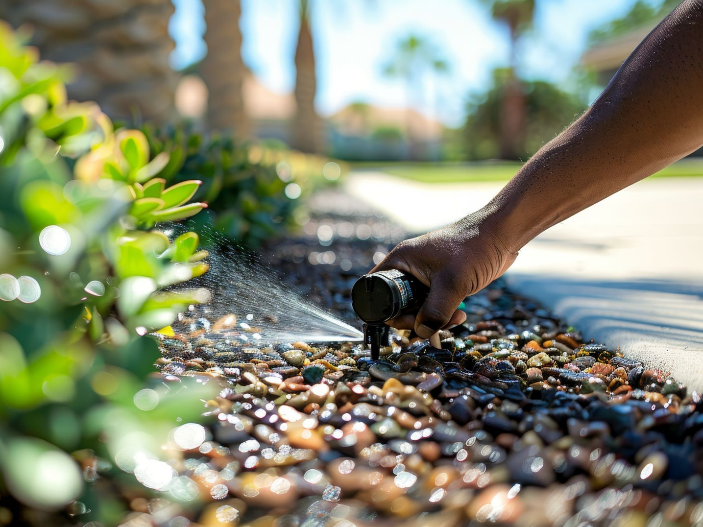 Une personne ajuste la tête d'un arroseur automatique, projetant de l'eau sur un lit de pierres.