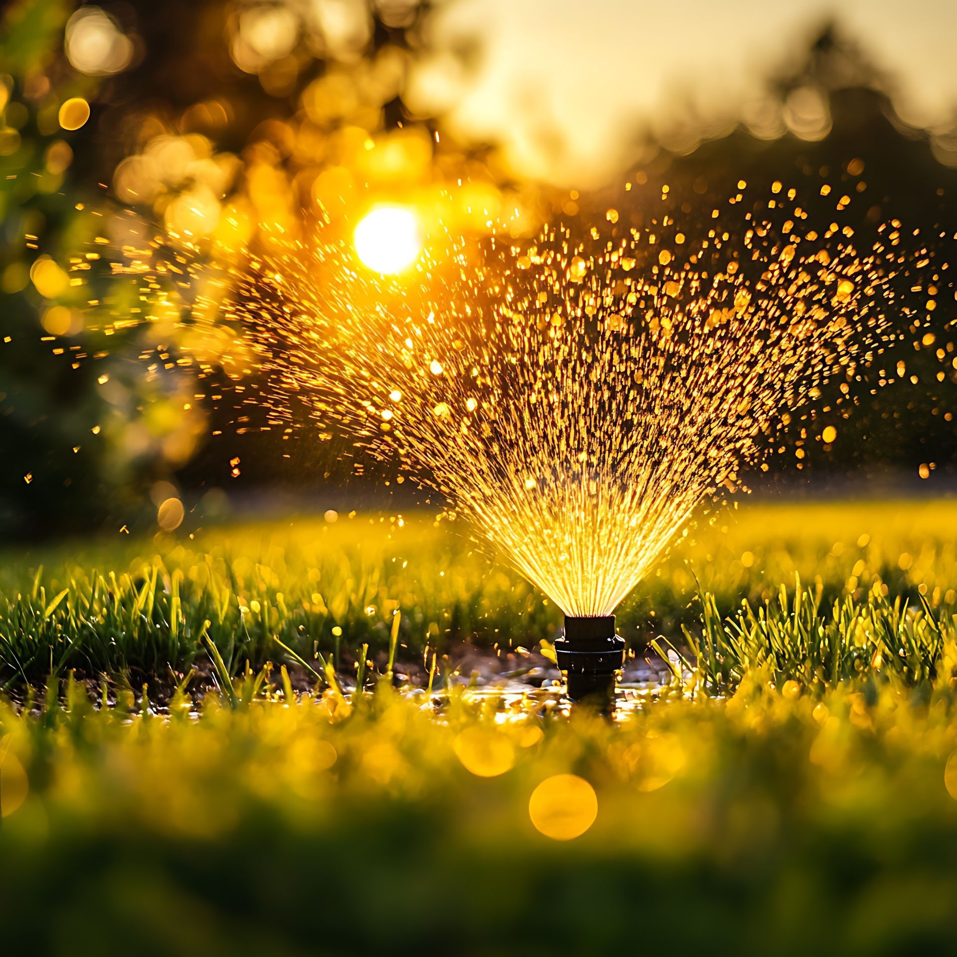 Un arroseur projette de l'eau sur une pelouse verte, le soleil brillant en arrière-plan.