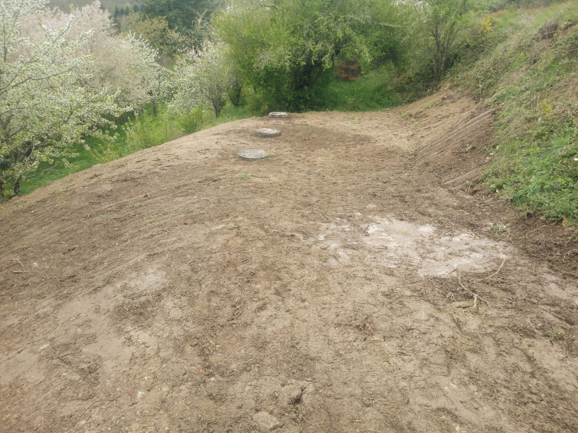 Sentier boueux à flanc de colline, agrémenté de trois dalles de pierre. Bordé de végétation verte.