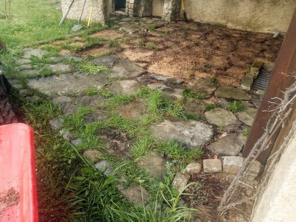 Terrasse en pierre avec des touffes d'herbe et de mauvaises herbes ; un objet rouge se trouve au premier plan.