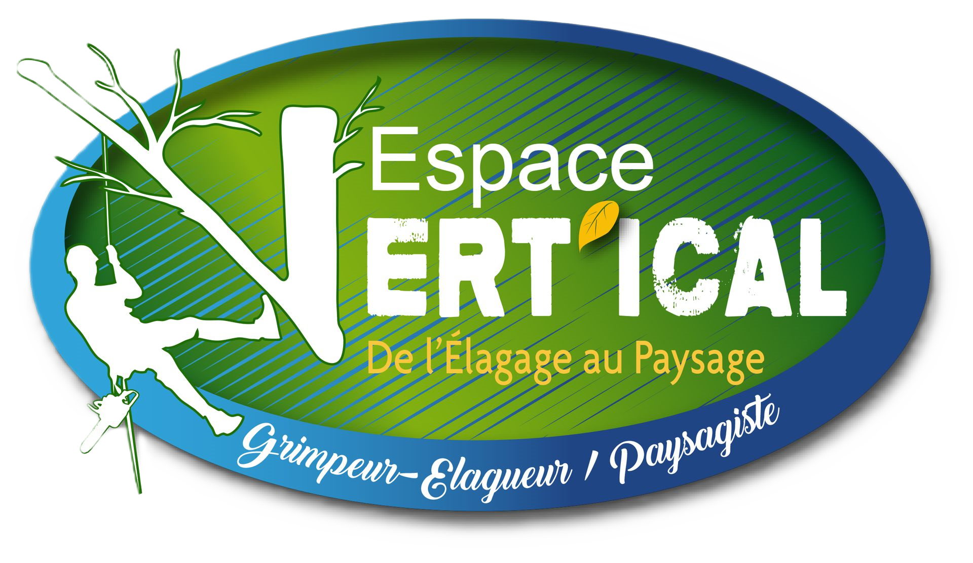 « Espace Vertical » en blanc sur un ovale vert, avec un grimpeur en silhouette et le slogan : « De l'Élagage au Paysage ».