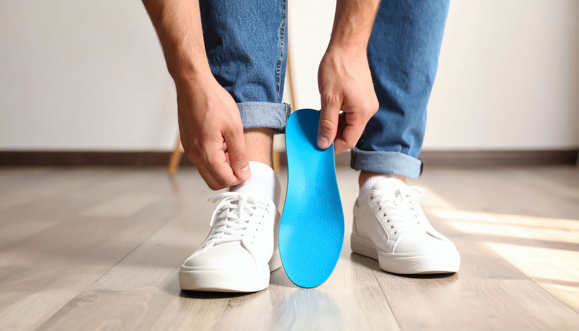 Une personne met une semelle orthopédique bleue dans une basket blanche sur un parquet.