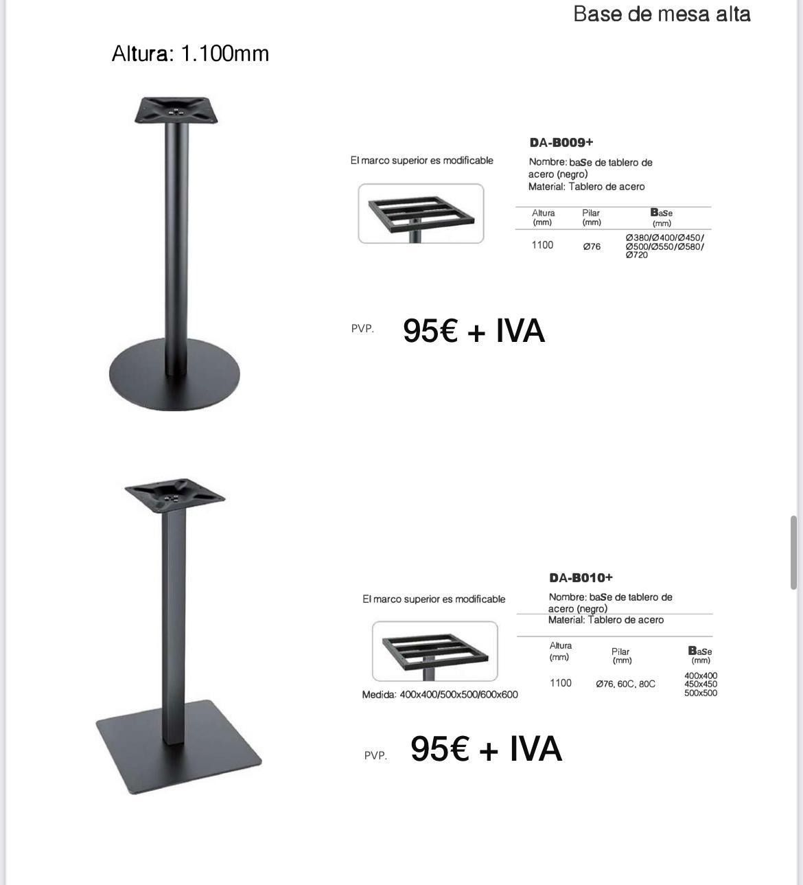 Una imagen de una base de mesa con un precio de 95 euros más iva.