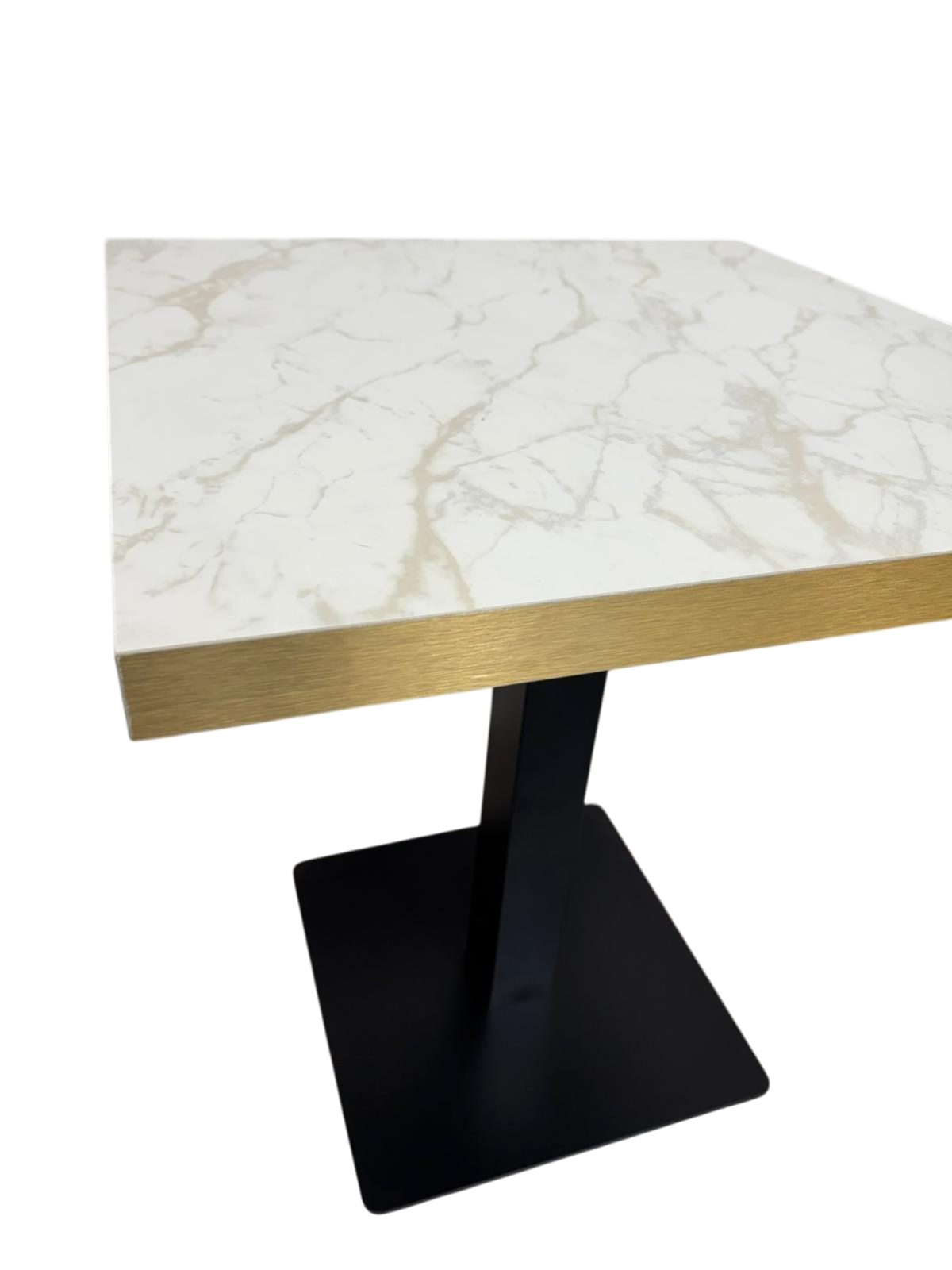 Mesa melamina efecto marmol blanco canto oro